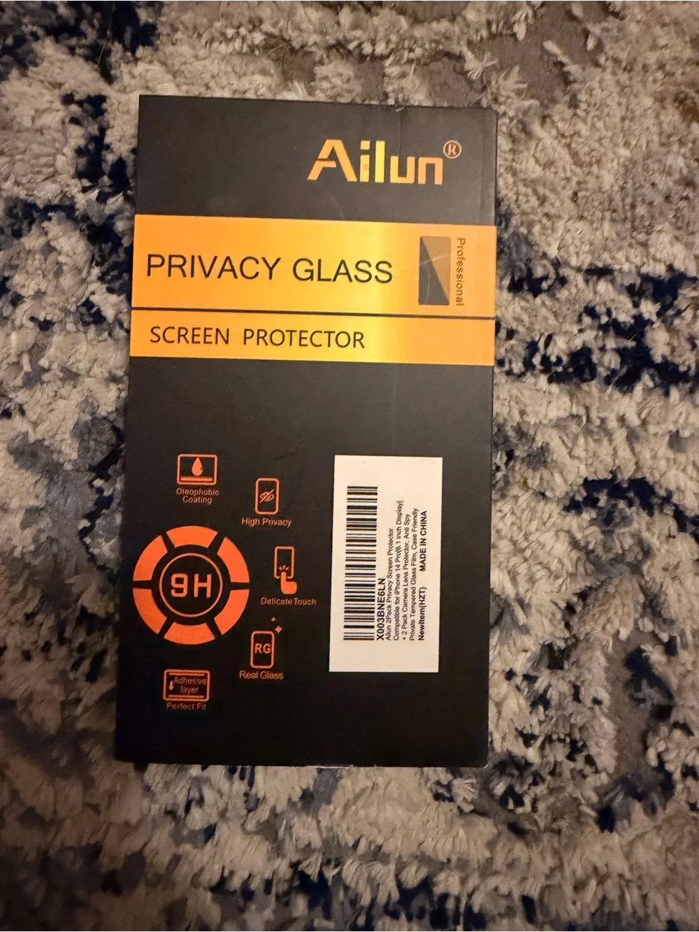 Ailun Privacy Glass Screen Protector Packaging - Black with Orange Accents